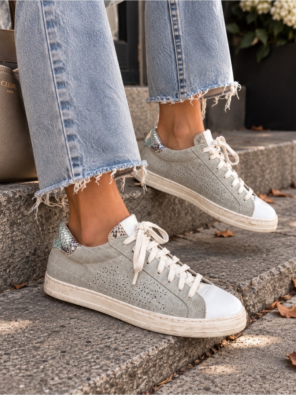 P448 Women’s Light Gray Suede Sneakers with White Toe and Silver Heel Accent